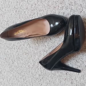 Black patent platform heels